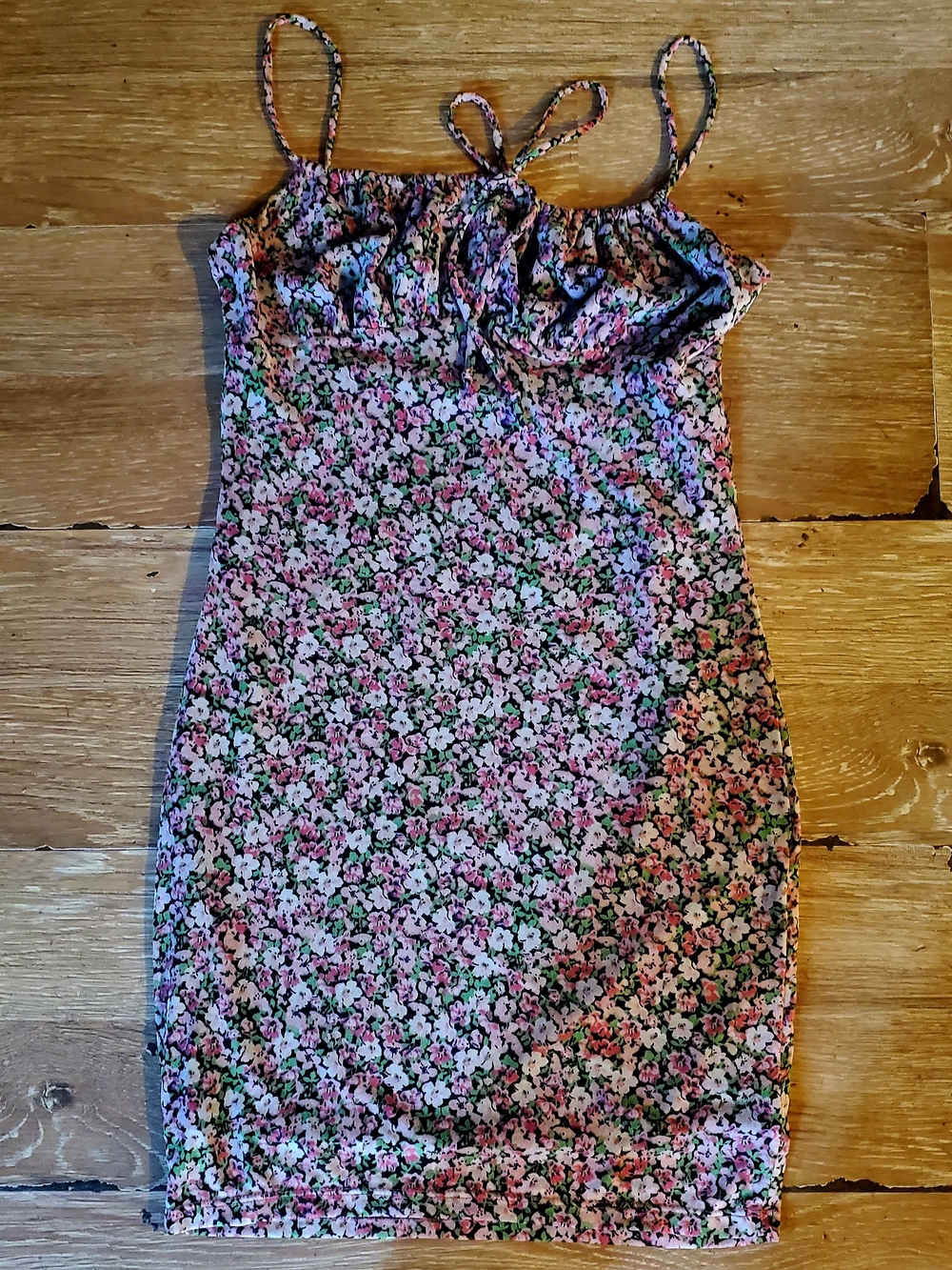 Girls Pink Floral Spaghetti-Strap Dress W. Bust Ruching